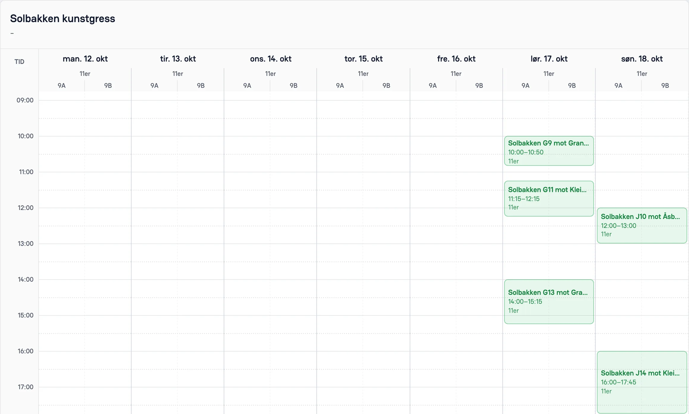Veckokalender med träningar i zoner på vardagarna och match på hel plan på söndagen.
