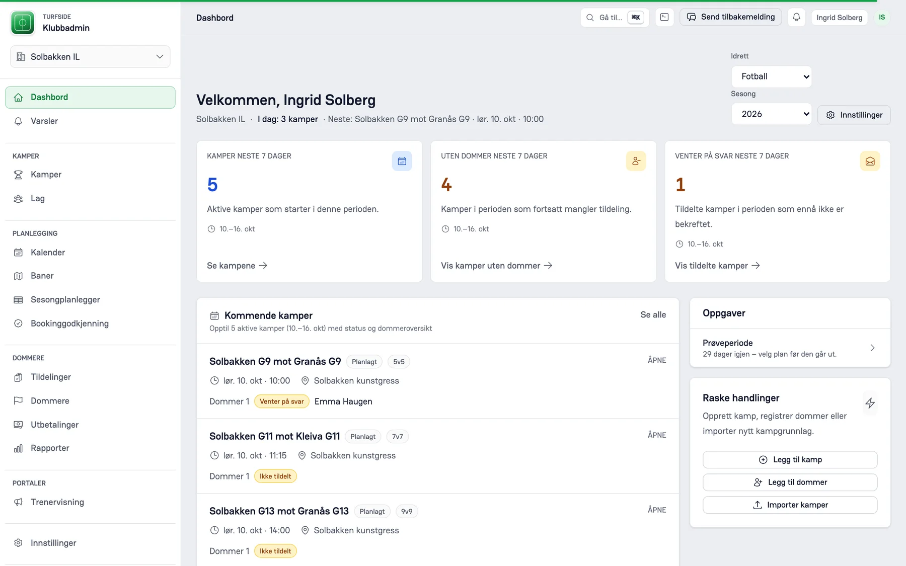 Översikten i Turfside för demoföreningen Solbakken IL: kommande matcher, matcher utan domare, obesvarade uppdrag och krockar.