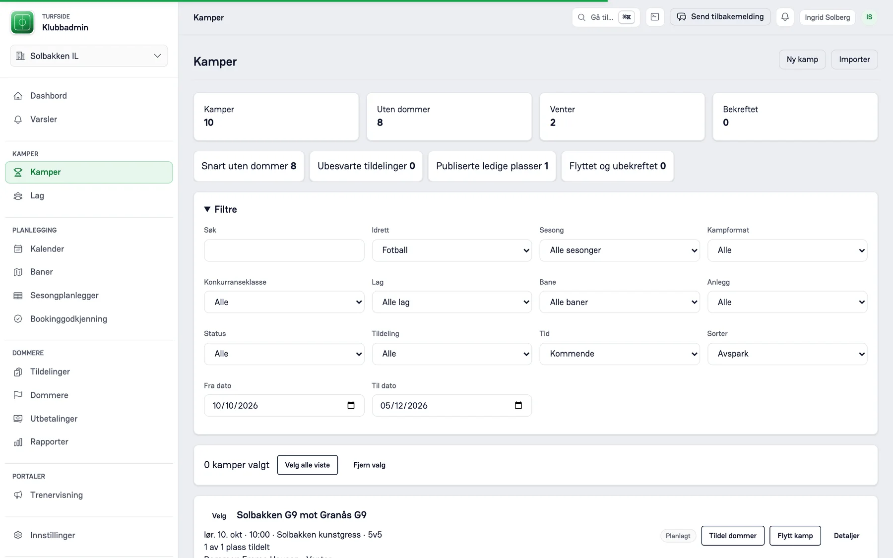 Matchlistan i Turfside med datum, plan, spelform och domarstatus.