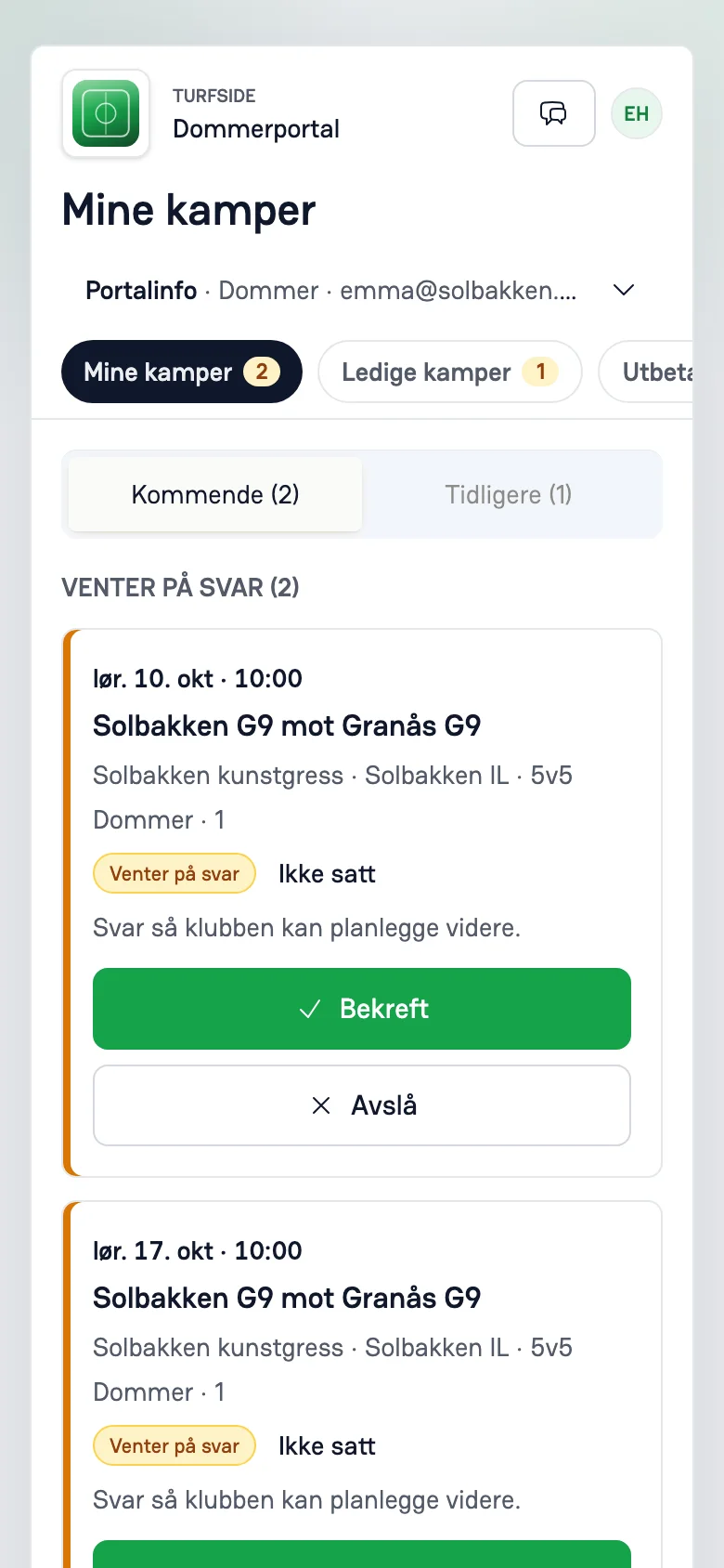 Domarportalen i mobilen: kommande uppdrag och ett uppdrag som väntar på svar.
